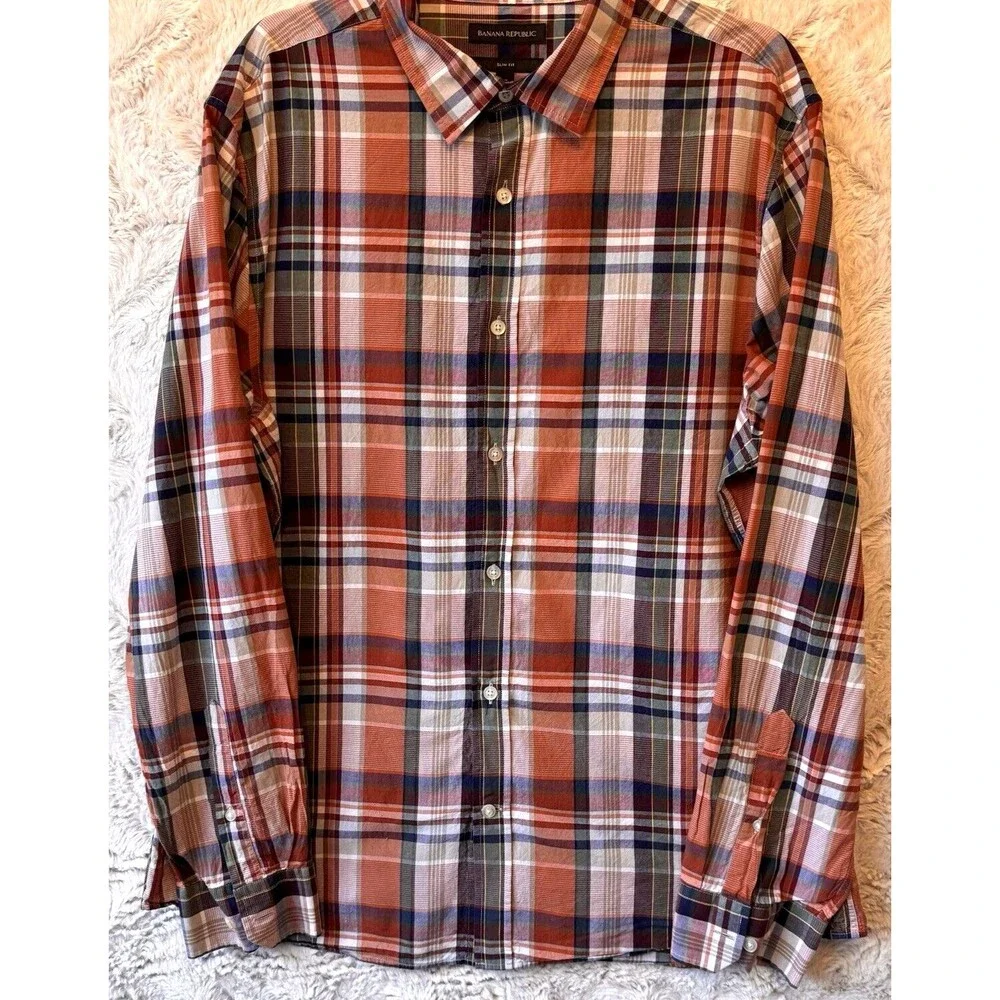 Banana Republic Shirt XL Button-Down 100% Cotton Slim‎ Fit Plaid Red Blue